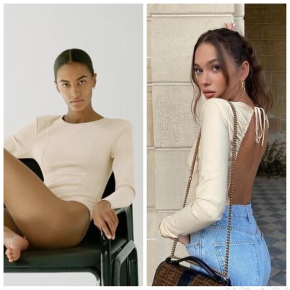 Zara Tops - NEW ZARA faux leather look nude open back long sleeve bodysuit size small